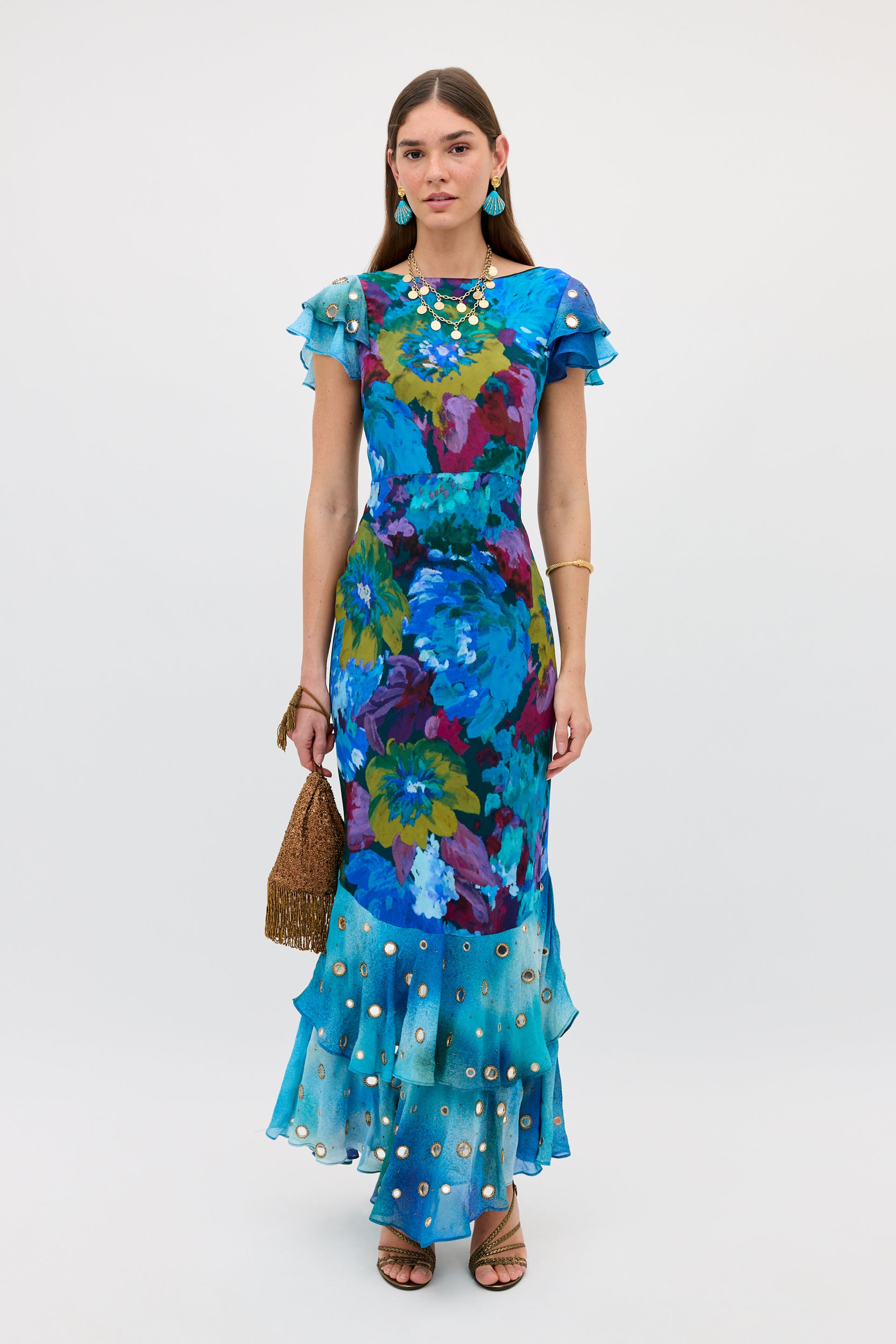 Ordinia Silk Gown in Jessica Bouquet Mix Blue