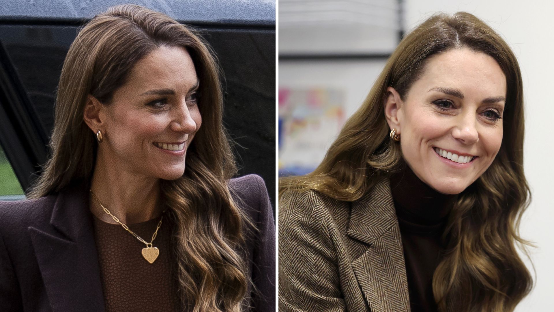 A composite of two pictures of Kate Middleton wearing the same Cartier earrings in 2026