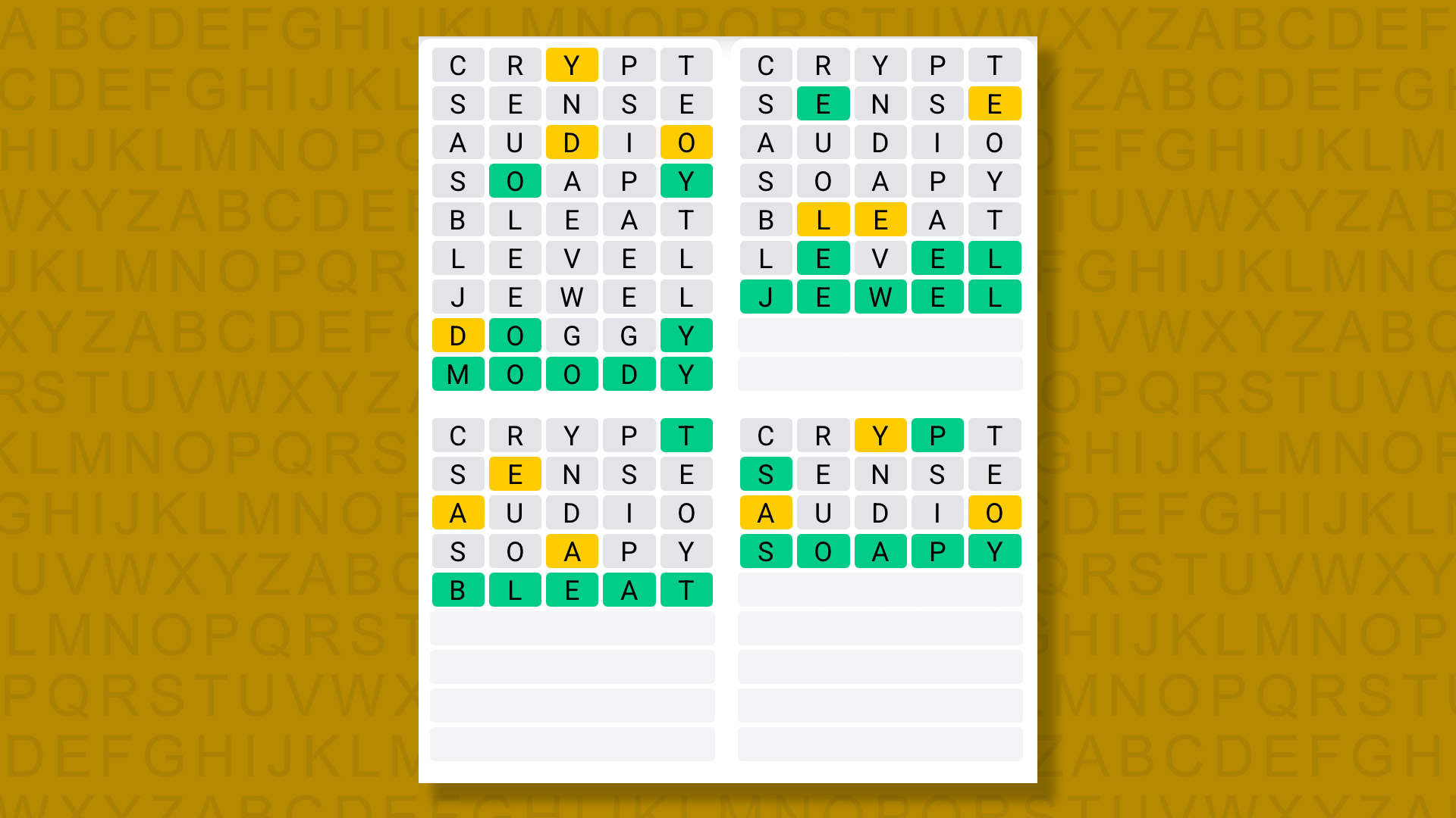 Quordle answers for game 1591 on a yellow background