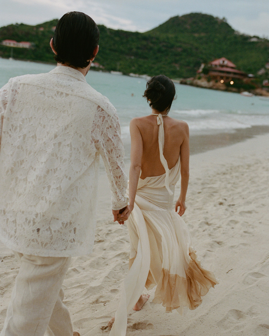 Alexis and Andrew on the beach for their welcome party in Saint Bart's.