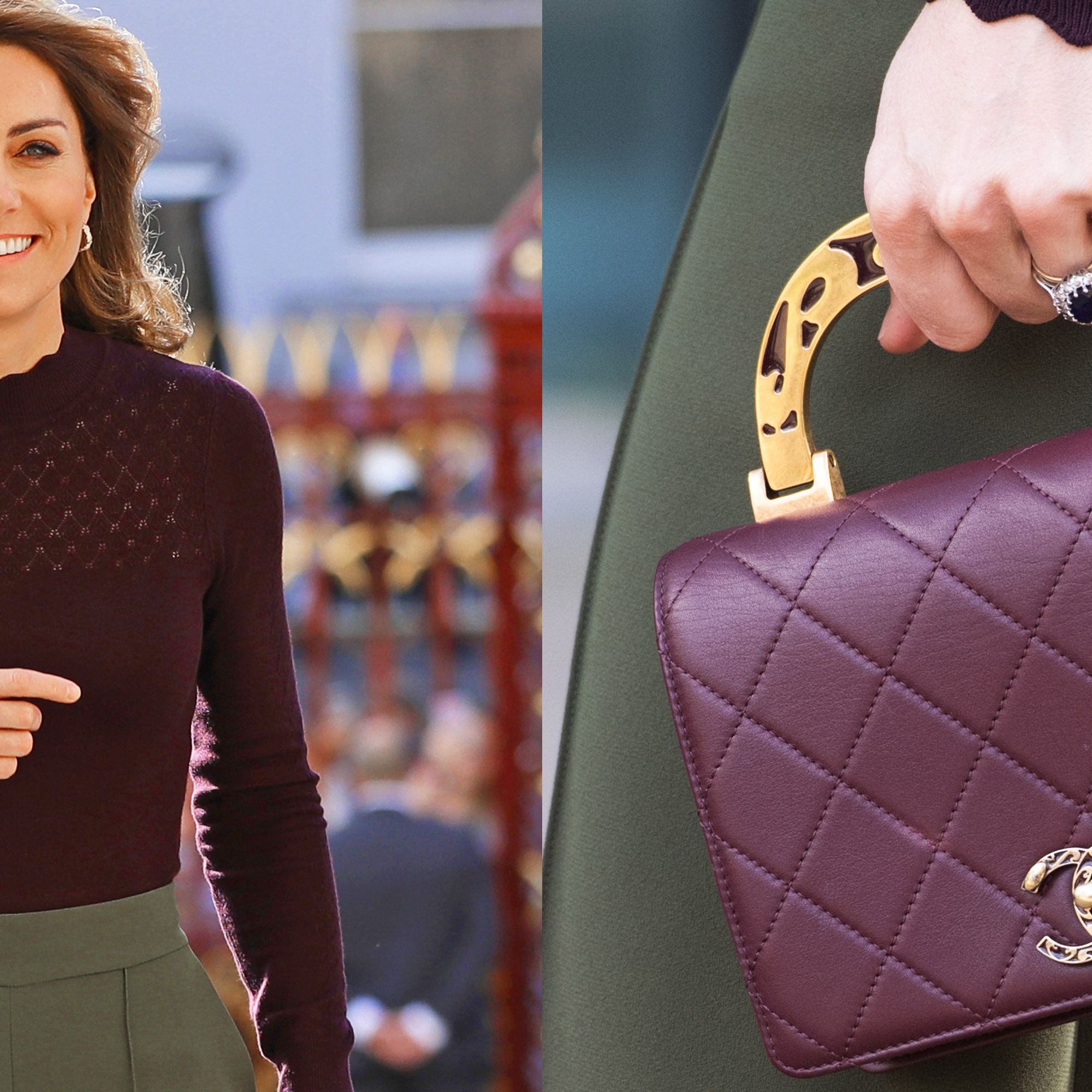 Kate Middleton Wears a Chanel Bag, Green Pants & Purple Sweater