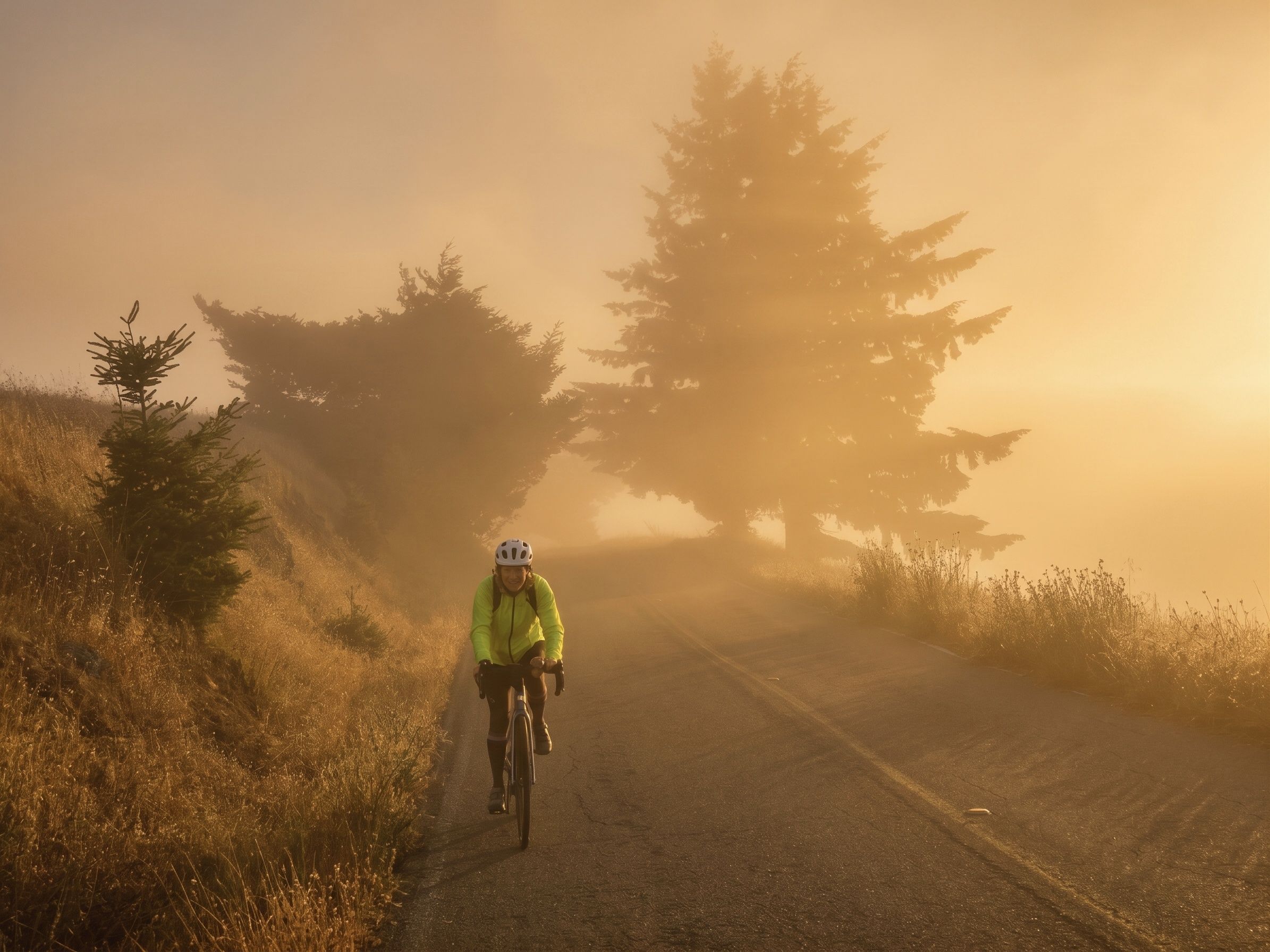 Edited image of a cyclist riding through glowing golden fog on a tree-lined country road.
