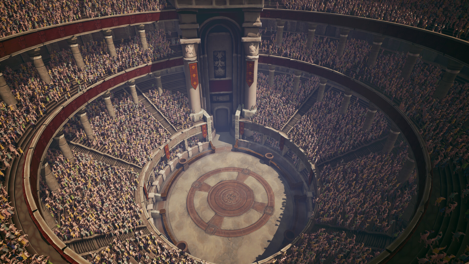 A screenshot of a large crowd scene in a Roman amphitheater in the Unreal Engine 5 game Trakonius