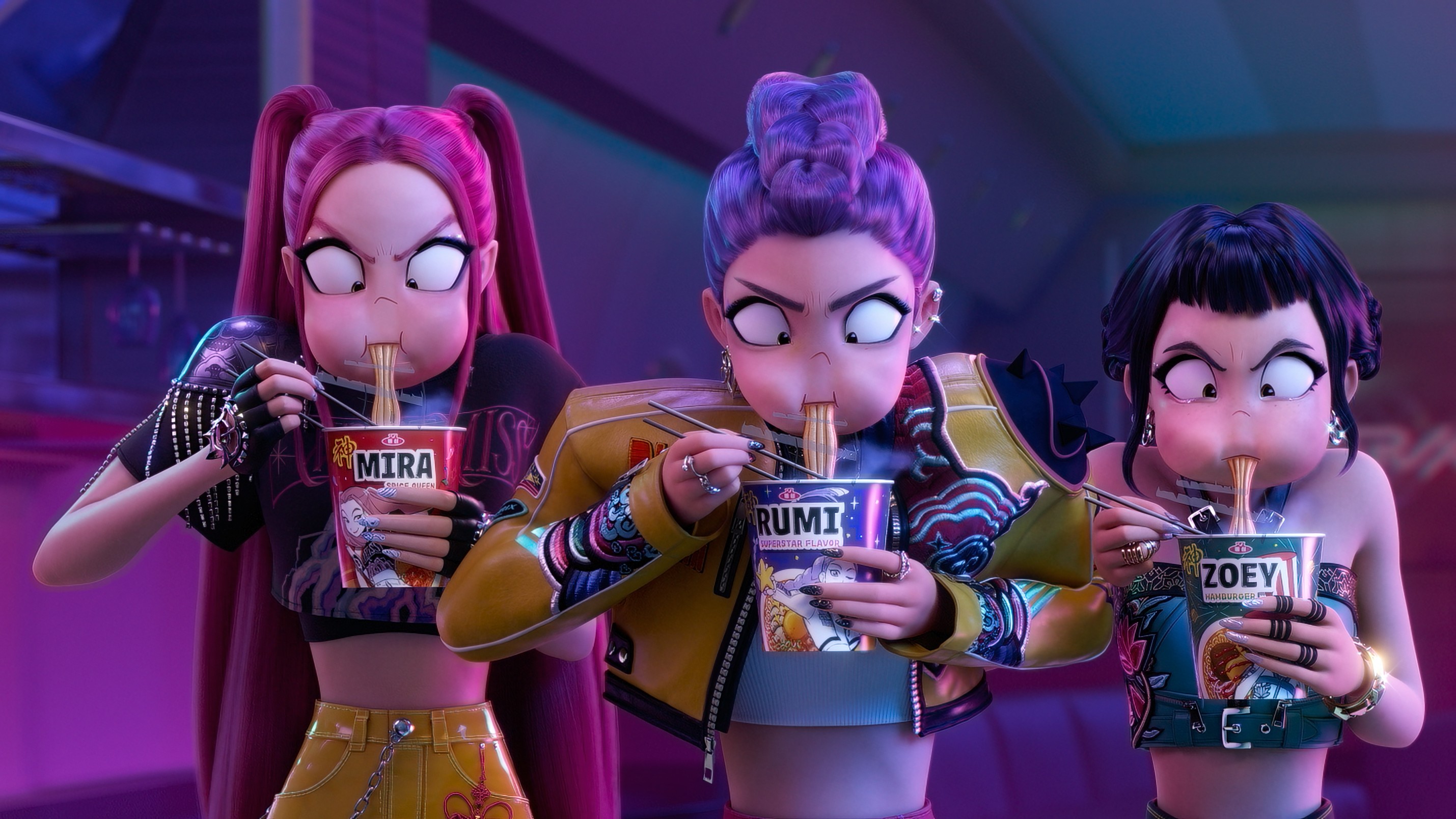 L-R: Mira, Rumi and Zoey eating noodles in a scene from Netflix's "KPop Demon Hunters"