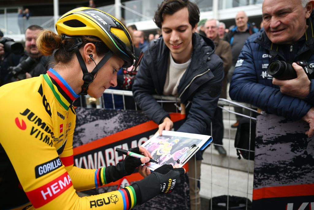 WAREGEM BELGIUM MARCH 29 Marianne Vos of The Netherlands and Team JumboVisma prior to the 11th Dwars door Vlaanderen 2023 Womens Elite a 1149km ine day race from Waregem to Waregem DDV23 on March 29 2023 in Waregem Belgium Photo by Luc ClaessenGetty Images