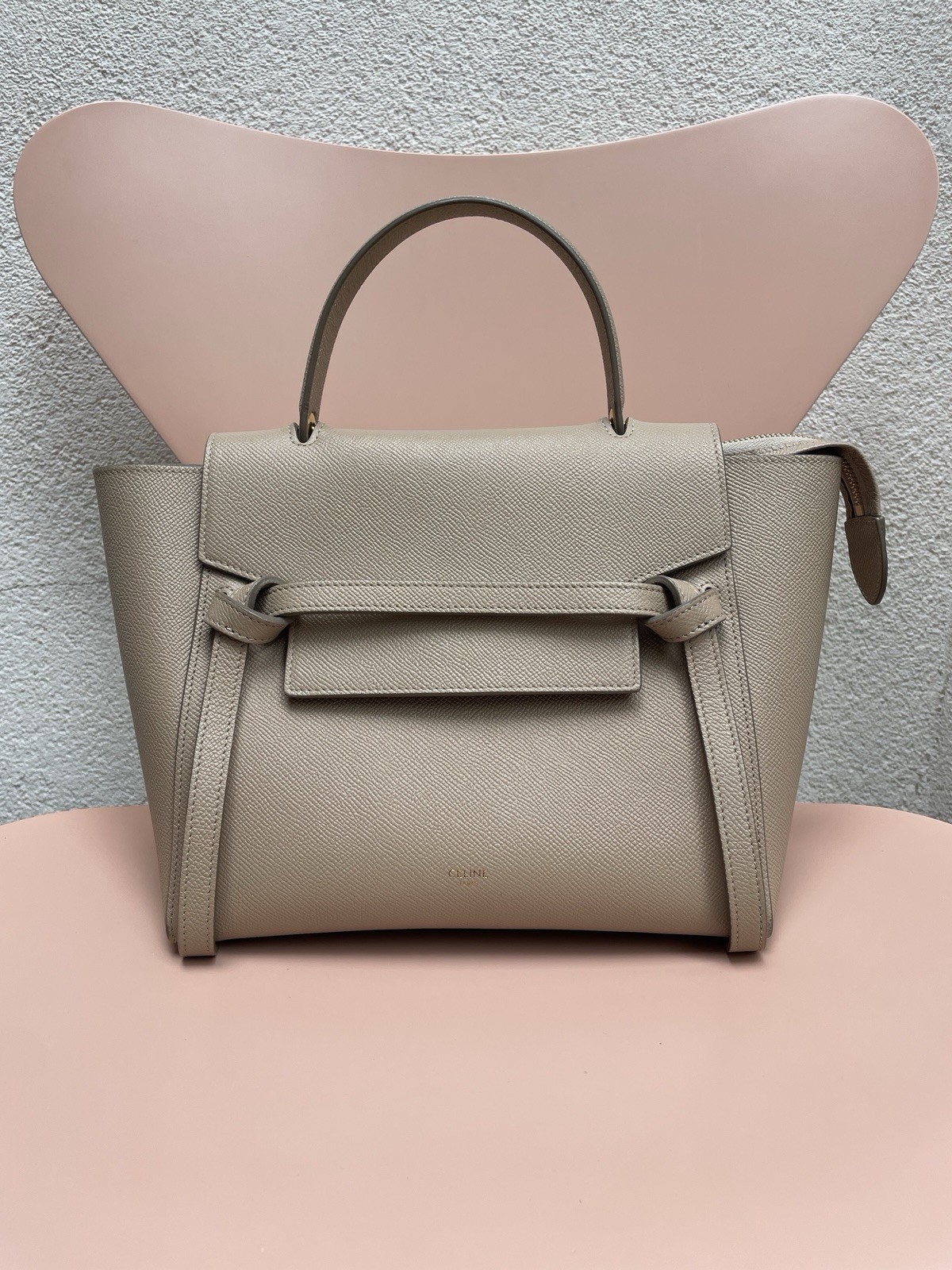 Celine Micro Belt Bag Light Taupe Beige Grain Calfskin Leather Top Handle