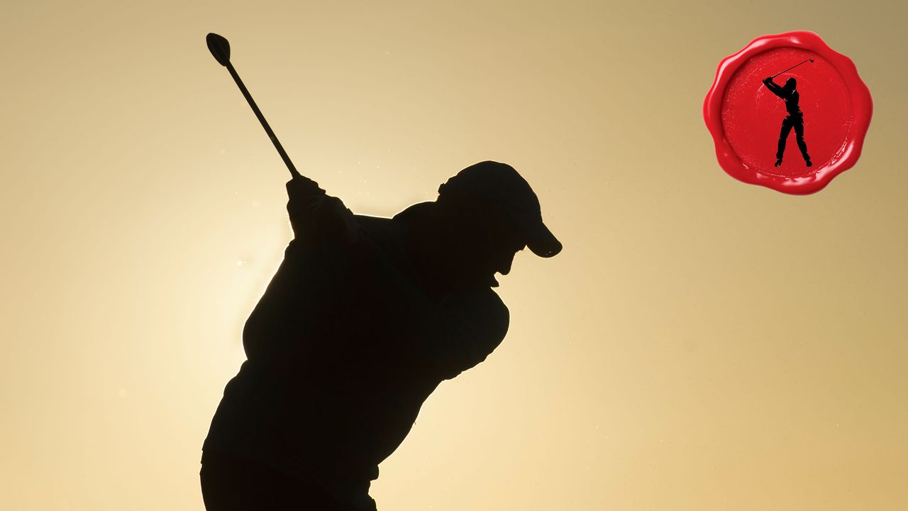 an silhouette image of a single golfer