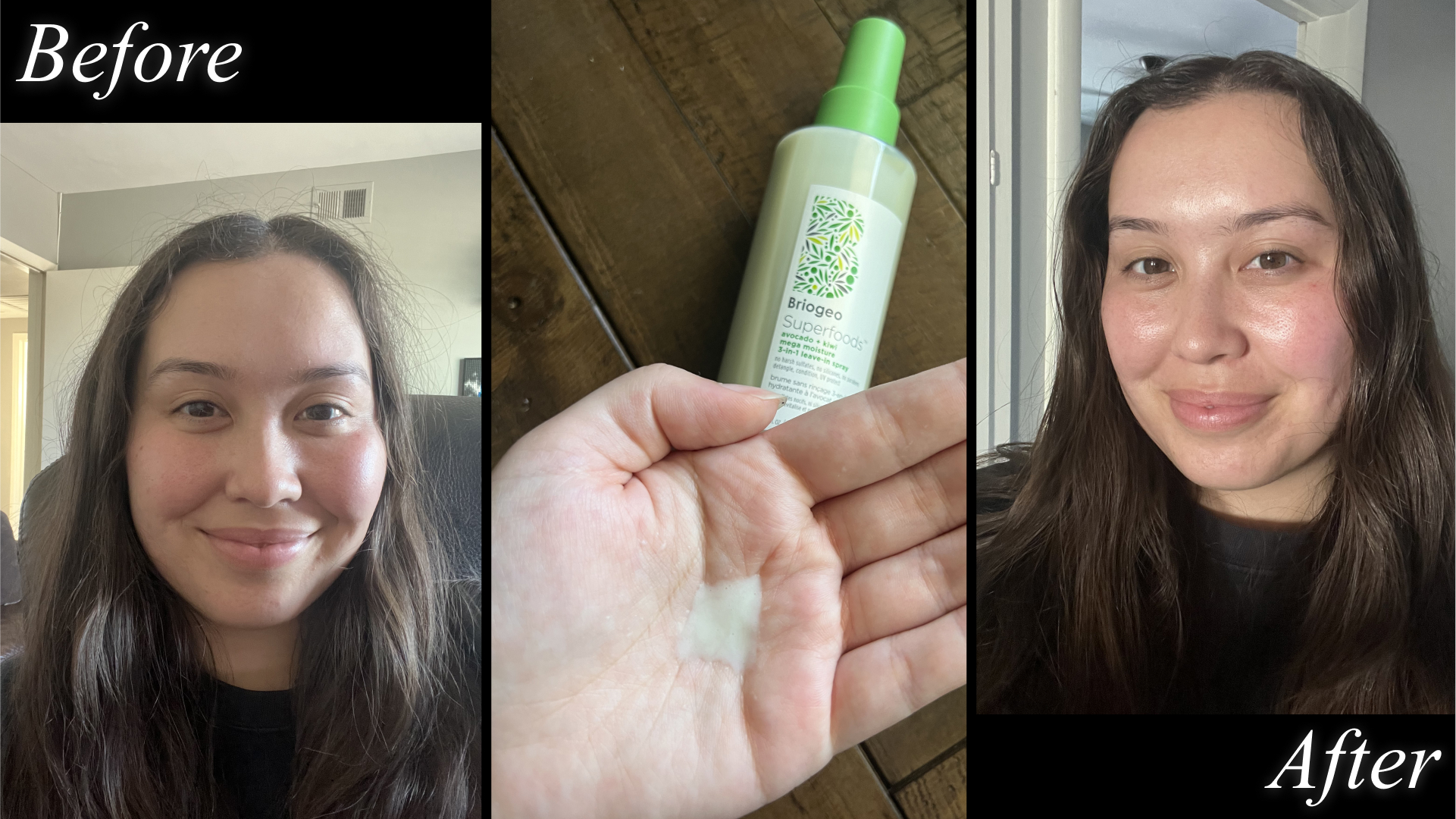 Catharine Malzahn before and after testing Briogeo Superfoods Avocado + Kiwi Mega Moisture 3-in-1 Leave-In Spray, plus product texture
