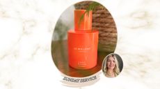 an orange bottle of jo malone london carrot blossom eau de cologne beside an image of fiona mckim smiling