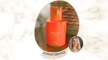 an orange bottle of jo malone london carrot blossom eau de cologne beside an image of fiona mckim smiling