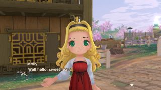 Story of Seasons: A Wonderful Life - Molly stands in front of the inn, saying "Hello sweetheart" to the player