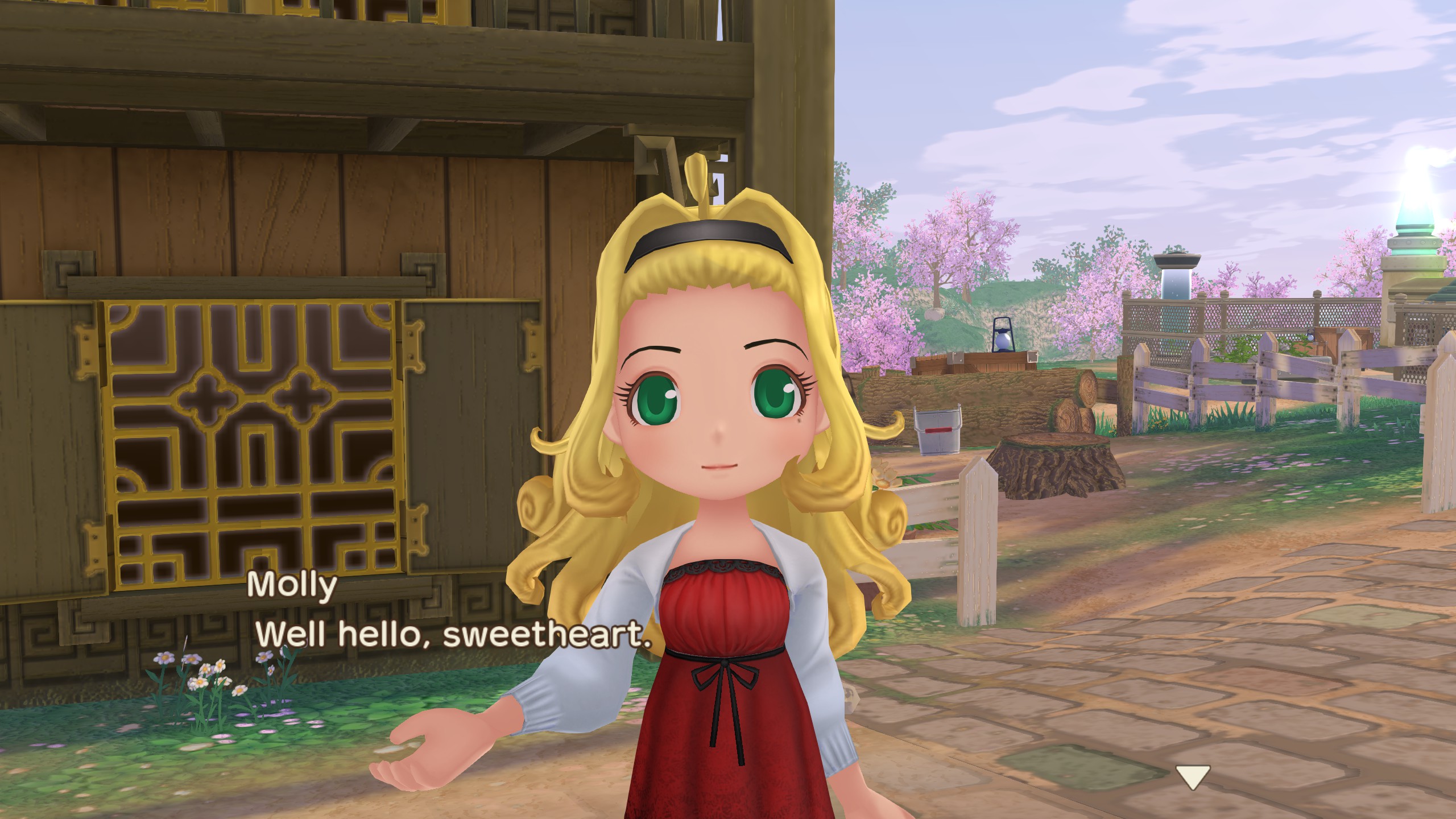Story of Seasons: A Wonderful Life - Molly stands in front of the inn, saying 