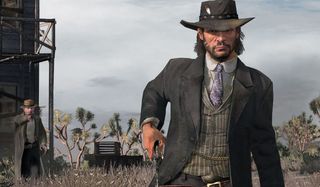 A gunman points a revolver at John Marston's back in Red Dead Redemption.