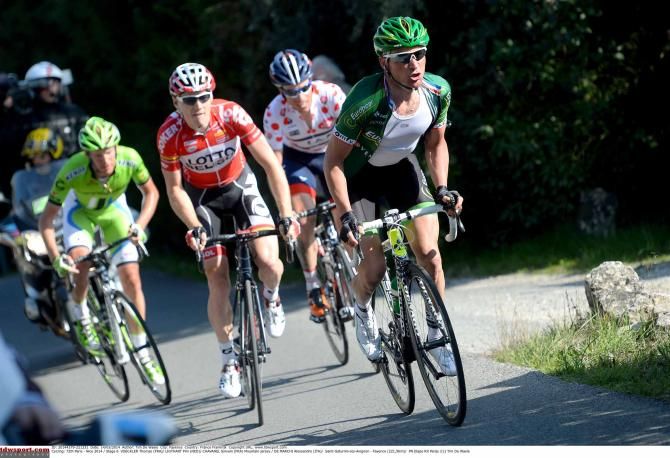 Thomas Voeckler (Europcar) leads Pim Lighthart (Lotto Belisol), Sylvain Chavanel (IAM Cycling) and Alessandro De Marchi (Cannondale)