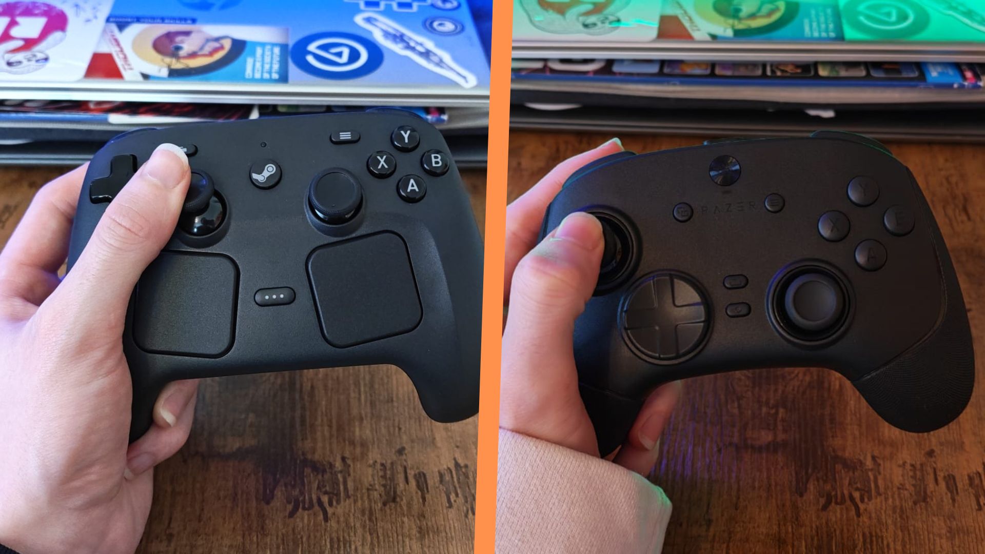 A side by side of the same reviewer holding the Steam controller and holding the Razer Wolverine V3 Pro 8K