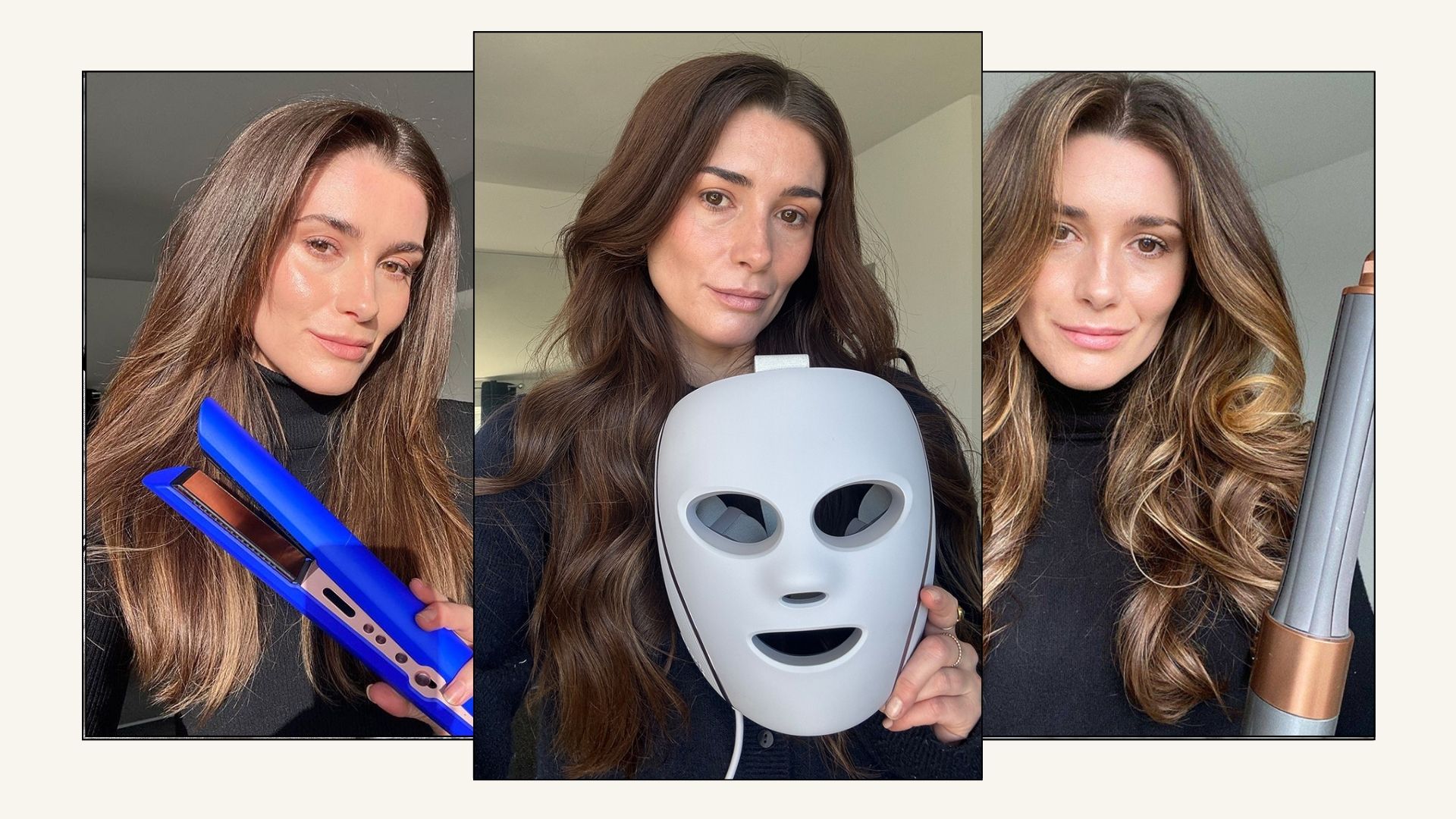 A collage of beauty editor testing different beauty tools, from the Dyson Corrale to the Shark LED Mask and Dyson Airwrap