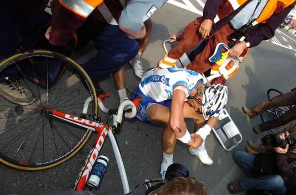 Yoann Offredo (FDJ) was unfortunate to crash across the line.