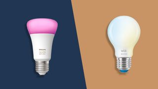 A Philips Hue color bulb on a blue background and a WiZ white bulb on a beige background
