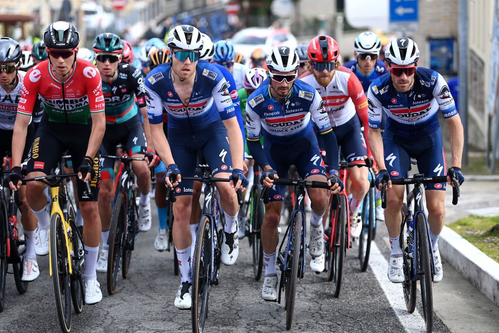 SAN BENEDETTO DEL TRONTO ITALY MARCH 12 LR Attila Valter of Hungary and Team Jumbo Visma Phillip Casper Pedersen of Denmark Julian Alaphilippe of France and Dries Devenyns of Belgium and Team Soudal QuickStep compete during the 58th TirrenoAdriatico 2023 Stage 7 a 154km stage from San Benedetto del Tronto to San Benedetto del Tronto UCIWT TirrenoAdriatico on March 12 2023 in San Benedetto del Tronto Italy Photo by Tim de WaeleGetty Images
