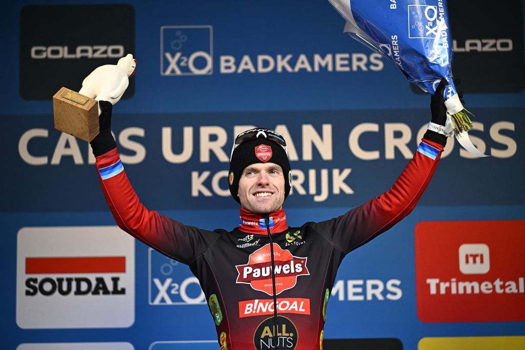 Belgian Eli Iserbyt celebrates on the podium after winning the men elite race at the Urban Cross Kortrijk cyclocross cycling event on Saturday 25 November 2023 in Kortrijk the second stage in the X2O Badkamers Trofee Veldrijden competitionBELGA PHOTO JASPER JACOBS Photo by JASPER JACOBS BELGA MAG Belga via AFP Photo by JASPER JACOBSBELGA MAGAFP via Getty Images