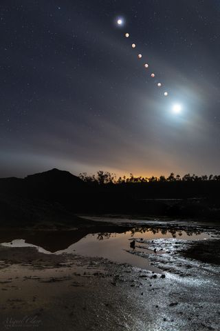 A time-lapse sequence shows the stages of the total lunar eclipse of Jan. 20-21, 2019, ending with a lunar corona. The image was captured in Mina de São Domingos, Dark Sky@ Alqueva Mértola, Portugal.