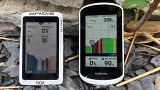 Bike GPS units showing climbing data screens