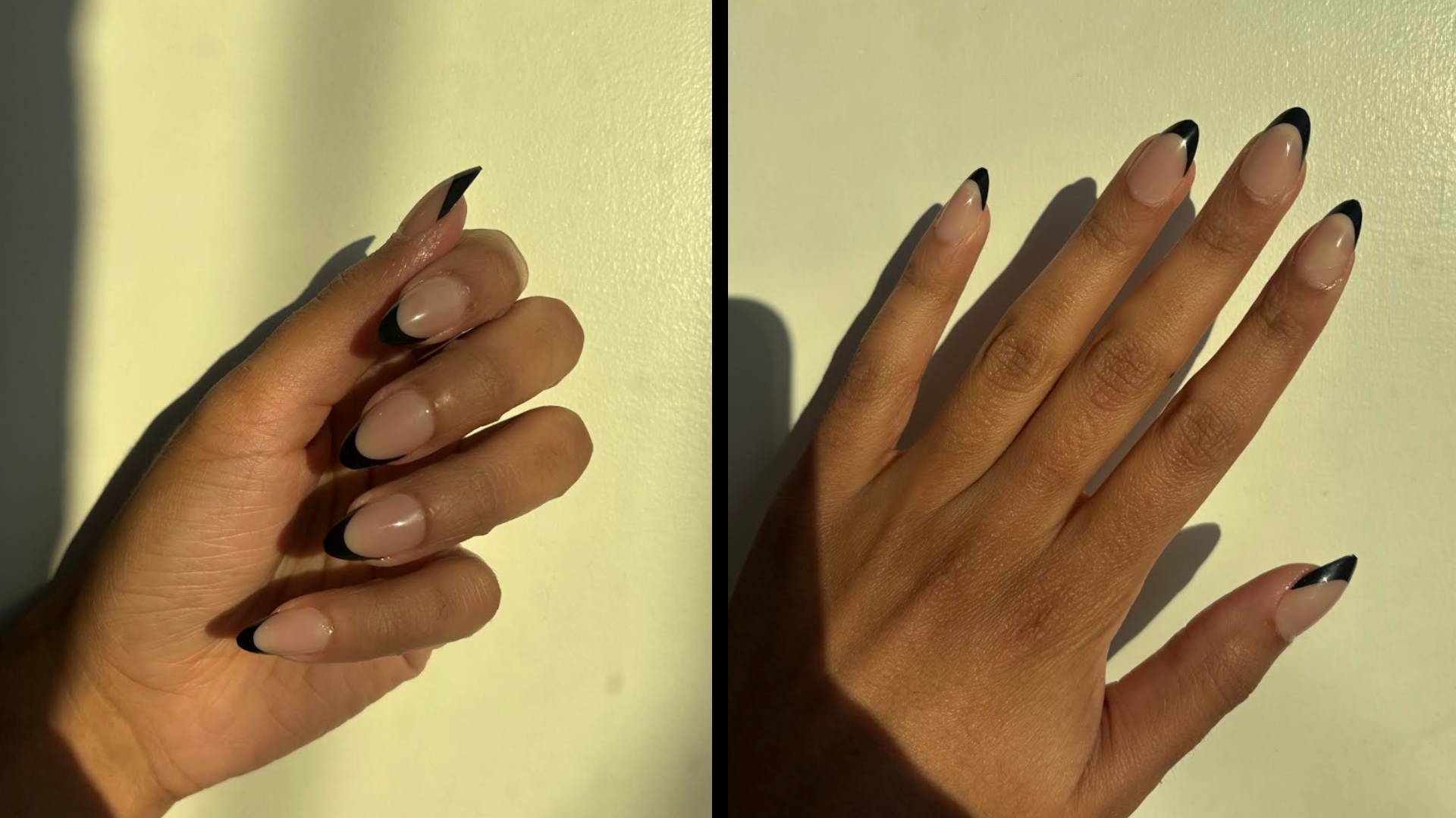 eden stuart with black french tip press ons on a yellow background