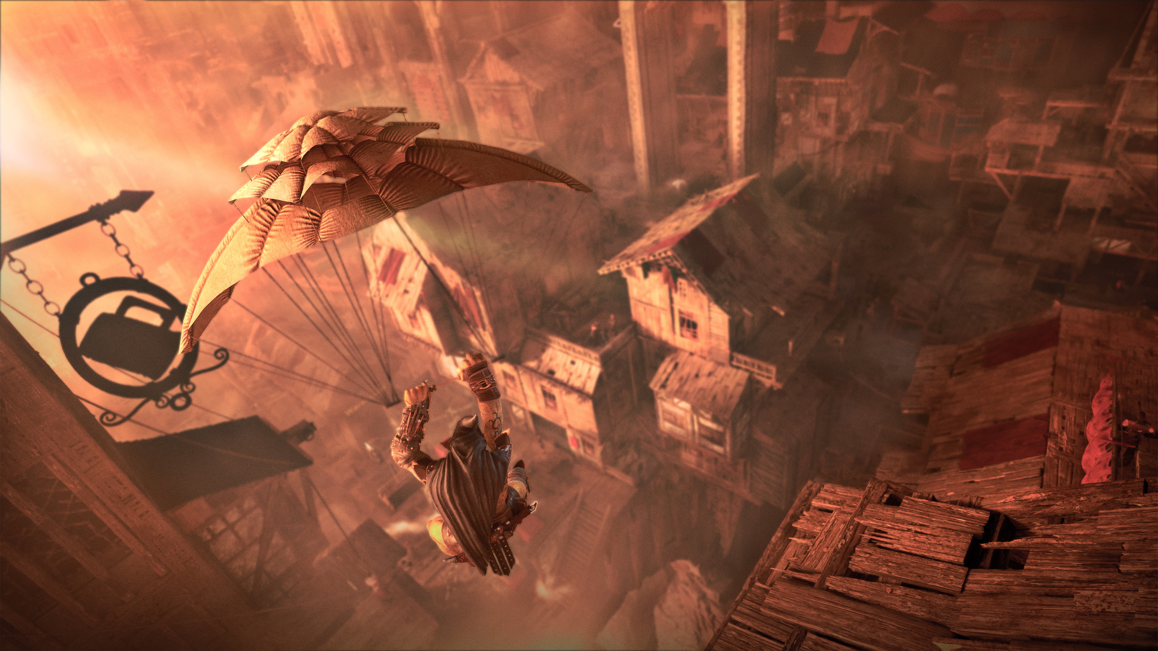 A screenshot from upcoming stealth game Styx: Blades of Greed showing Styx using the glider