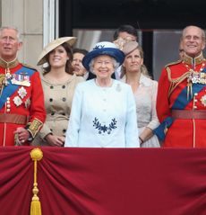 Queen Elizabeth, Prince Charles, Prince Philip, Princess Eugenie and Duchess Sophie on the balcony at Buckingham Palace in 2014