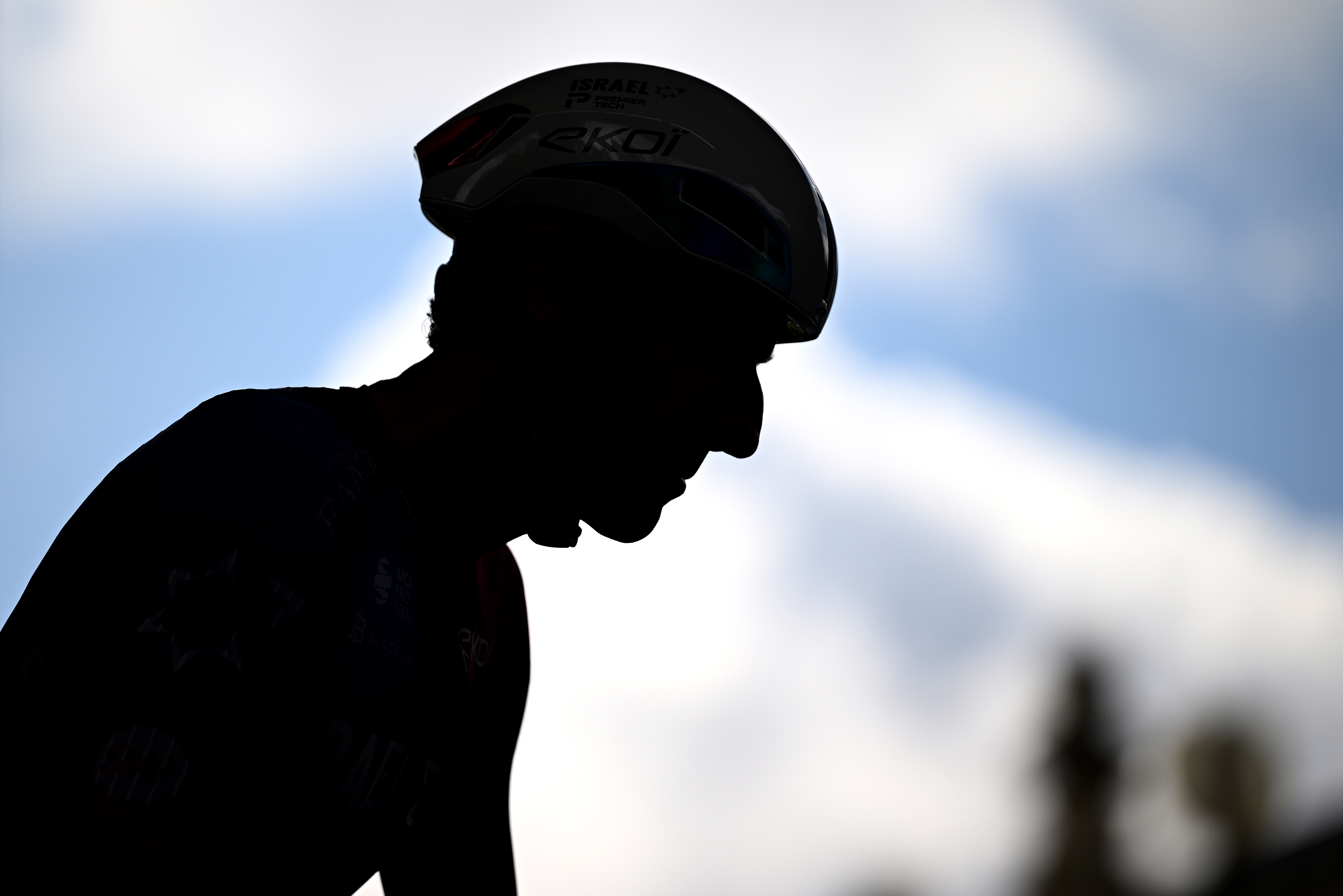 AMIENS, FRANCE - JULY 08: Silhouet detailed view of Michael Woods of Canada and Team Israel - Premier Tech prior to the 112th Tour de France, Stage 4 a 174.2km stage from Amiens Metropole to Rouen / #UCIWT / on July 08, 2025 in Amiens, France. (Photo by Dario Belingheri/Getty Images)