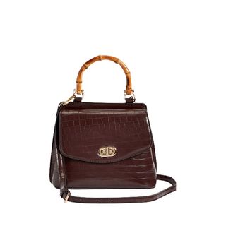 Brown patent bag with bamboo handle