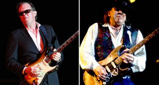 Joe Bonamassa wails on a Fender Strat (LEFT) while the late blues legend Stevie Ray Vaughan takes a solo on his number one Strat