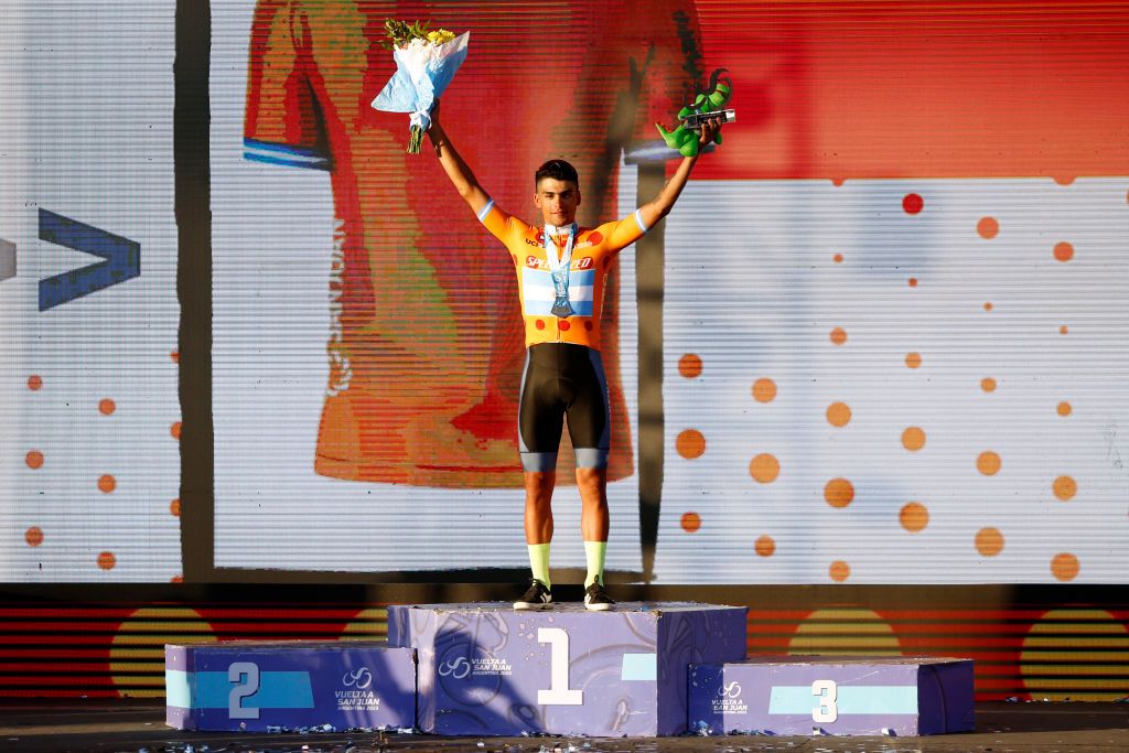 SAN JUAN ARGENTINA JANUARY 24 Tomas Contte of Argentina and Team Argentina celebrates at podium as Orange Polka Dot Mountain Jersey during the 39th Vuelta a San Juan International 2023 Stage 3 a 1709km stage from Circuito San Juan Villicum to Circuito San Juan Villicum VueltaSJ2023 on January 24 2023 in San Juan Argentina Photo by Maximiliano BlancoGetty Images