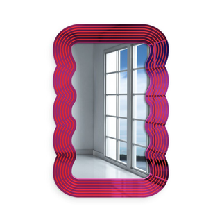 A mirror with a wavy hot pink frame