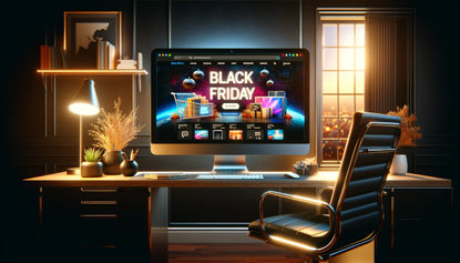 A modern home office with a computer which has black friday sales loaded on the screen