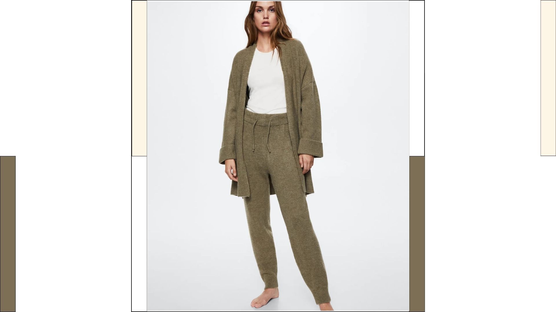 the model wore Mango Straight Knitted Pants in khaki with a matching white cardigan and t-shirt