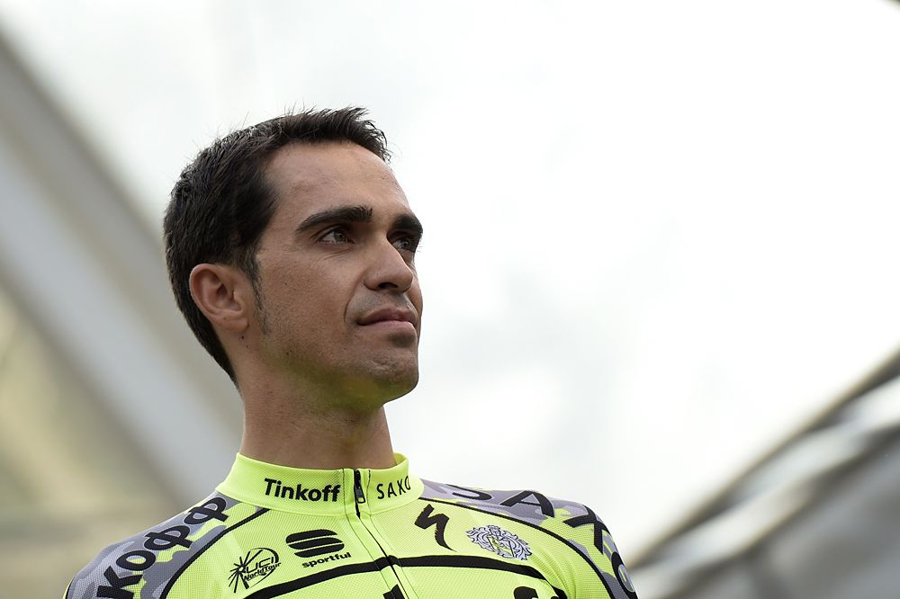Alberto Contador (Tinkoff-Saxo) on stage at the Tour de France team presentation