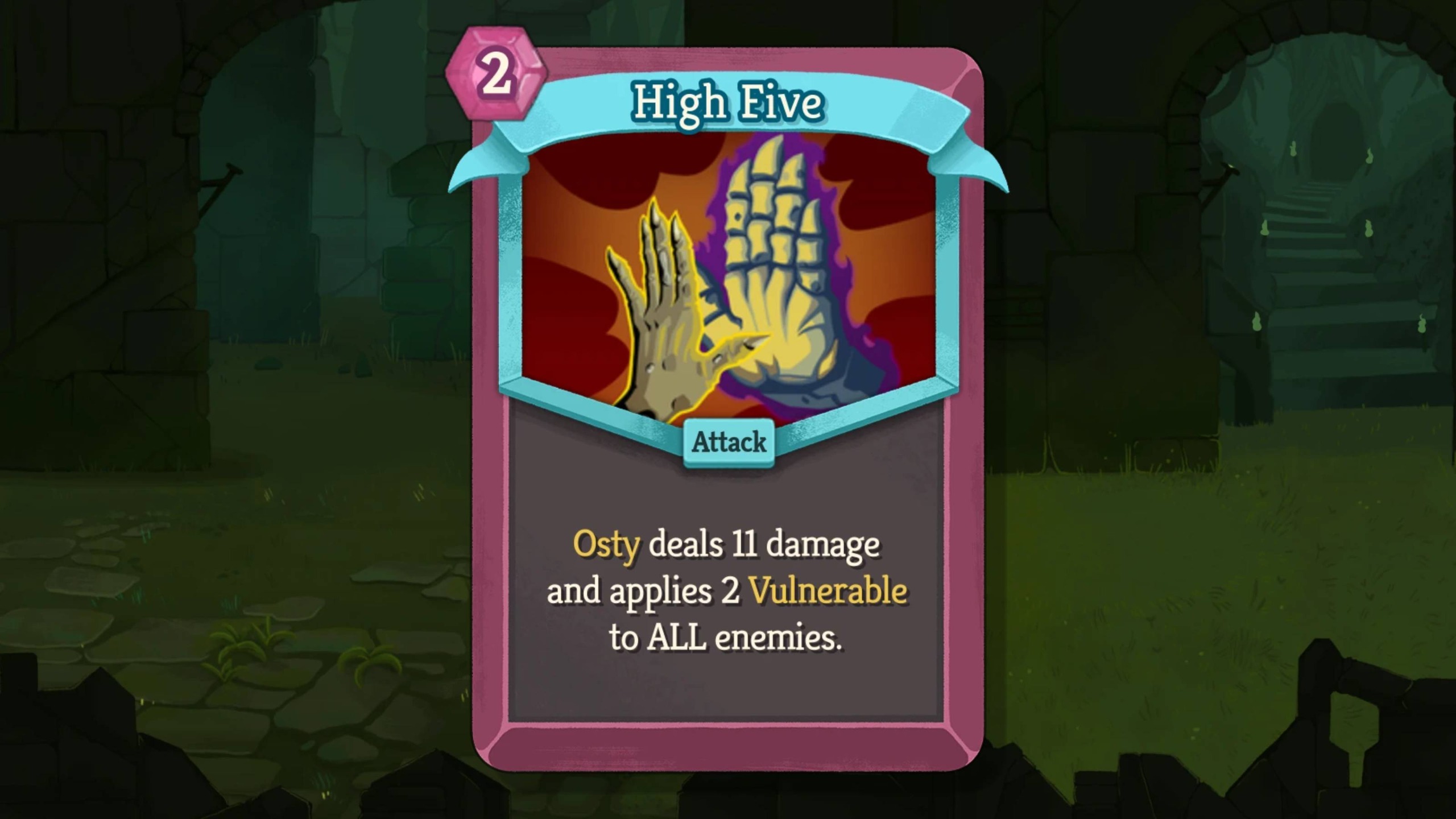 High Five card from Slay the Spire 2, osty skeleton hand high fiving another hand