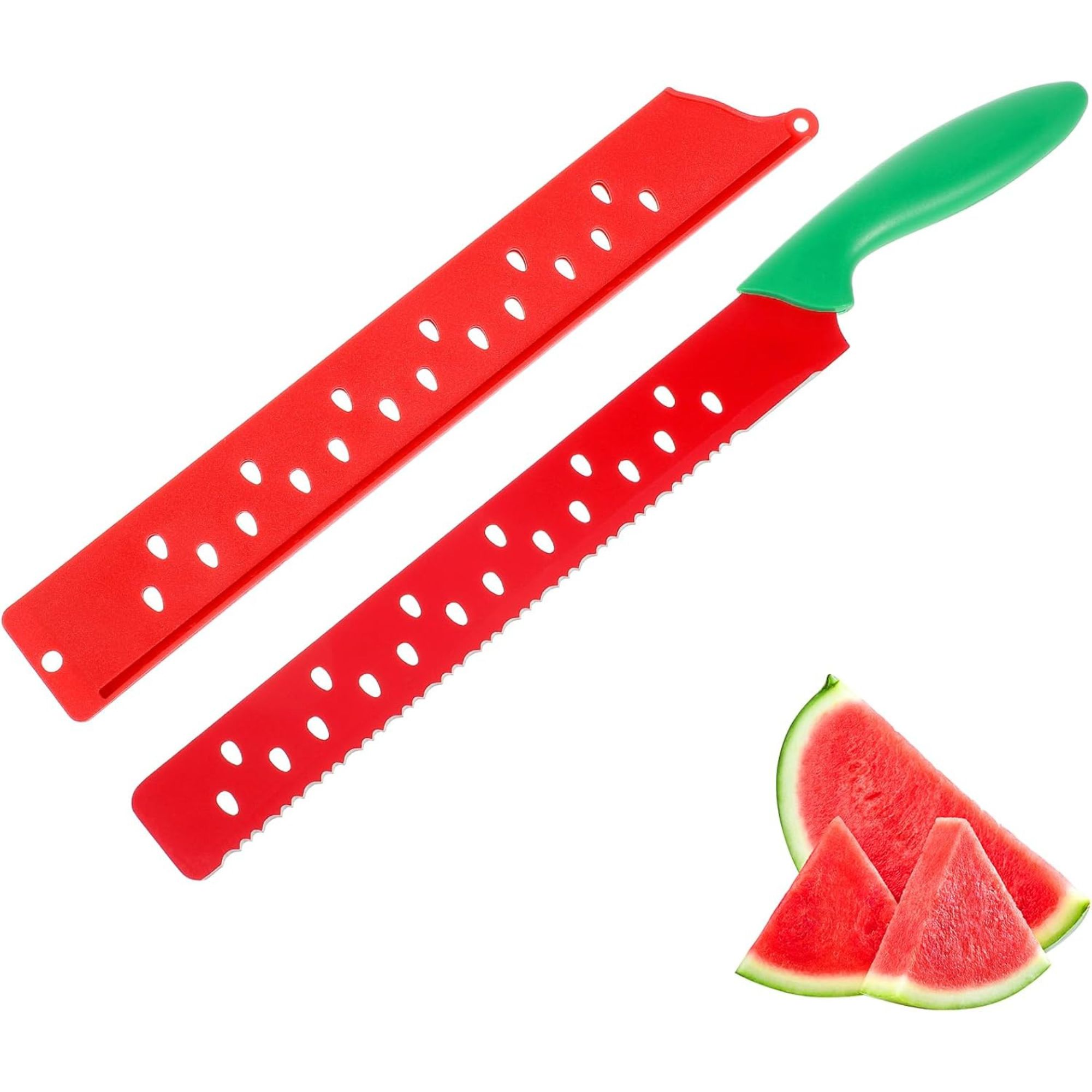 Green watermelon cutting knife with red serrated blade featuring a white seed pattern