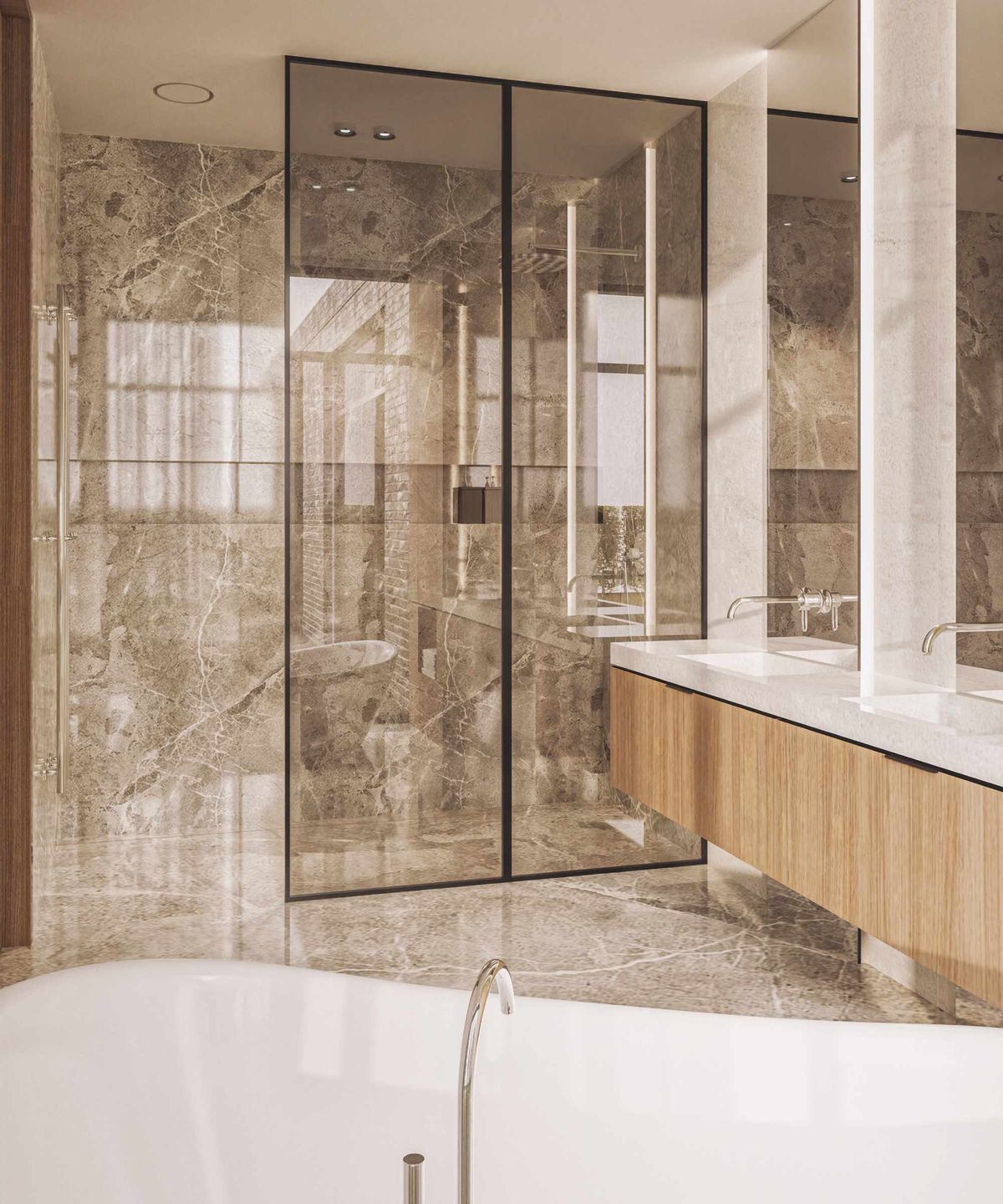Luxury bathroom with large walk in shower and freestanding bath with Rega Ventilation discreet vent shown in the ceiling above the shower