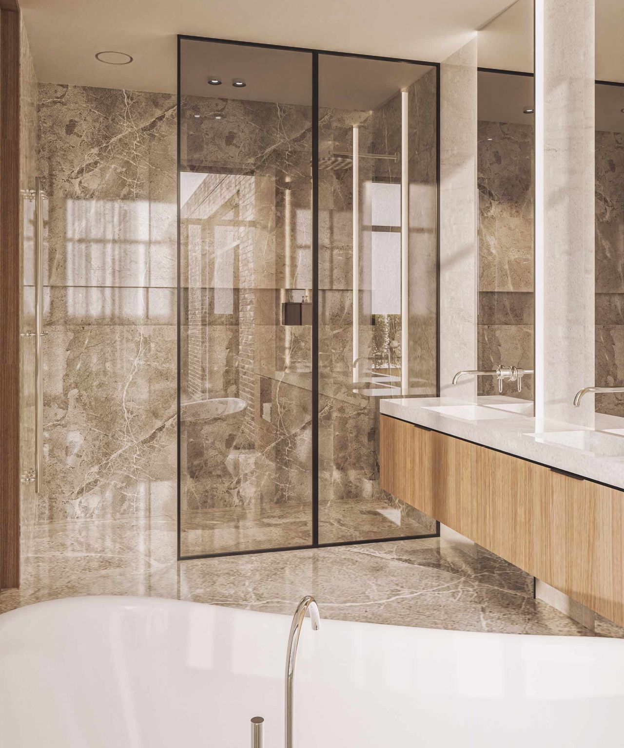 Luxury bathroom with large walk in shower and freestanding bath with Rega Ventilation discreet vent shown in the ceiling above the shower