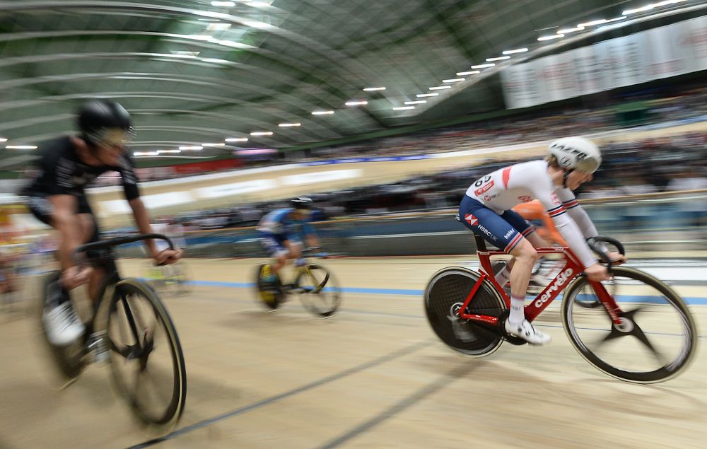 Cyclists compete during the Men's Points Race 40 km at the UCI Track Cycling World Championships in Pruszkow, Poland