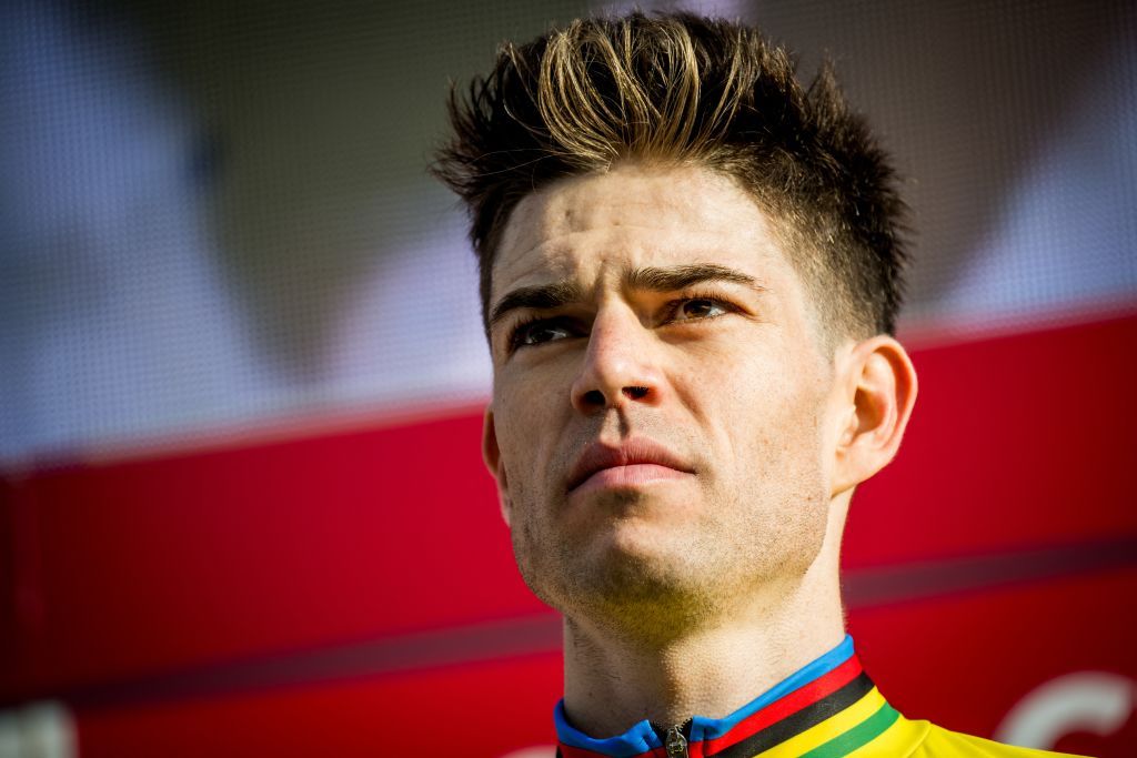 Belgian Wout van Aert celebrates on the podium after winning the men&#039;s elite race at the cyclocross cycling event in Benidorm, Spain, Sunday 21 January 2024, stage 13/14 in the World Cup ranking. BELGA PHOTO JASPER JACOBS (Photo by JASPER JACOBS / BELGA MAG / Belga via AFP) (Photo by JASPER JACOBS/BELGA MAG/AFP via Getty Images)