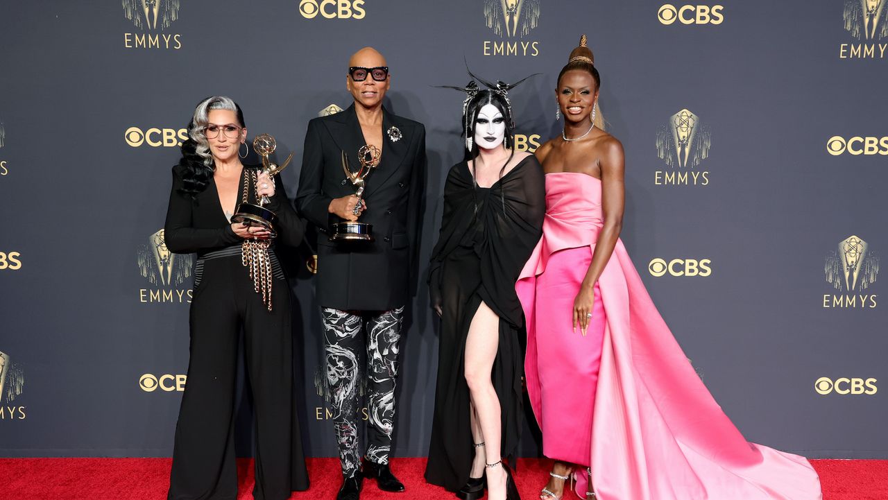 Michelle Visage, RuPaul, Gottmik, and Symone, winners of the Outstanding Competition Program award for &#039;RuPaul&#039;s Drag Race,&#039; pose in the press room during the 73rd Primetime Emmy Awards at L.A. LIVE on September 19, 2021 in Los Angeles, California.