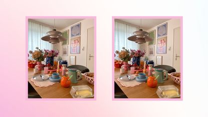 Two pictures of a dining table with colorful decor on it