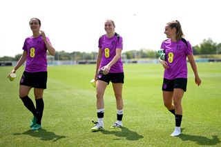 Lotte Wubben-Moy, Alessia Russo and Ella Toone at England training