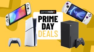 PS5, Xbox Series X, Nintendo Switch, and Asus ROG Ally devices around a Prime Day deals badge on a yellow background