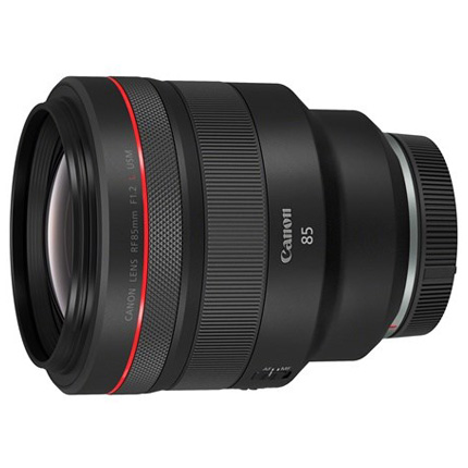 Canon RF 85mm f/1.2L USM lens on a white background