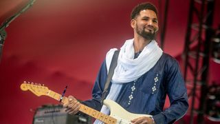 Mdou Moctar playing his left-handed Fender Strat at Coachella 2024