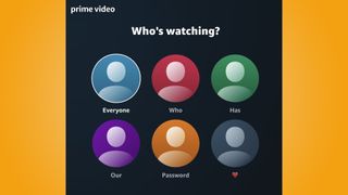 An Amazon Prime Video login screen, where every profile name spells out sentence "anyone who has our password"